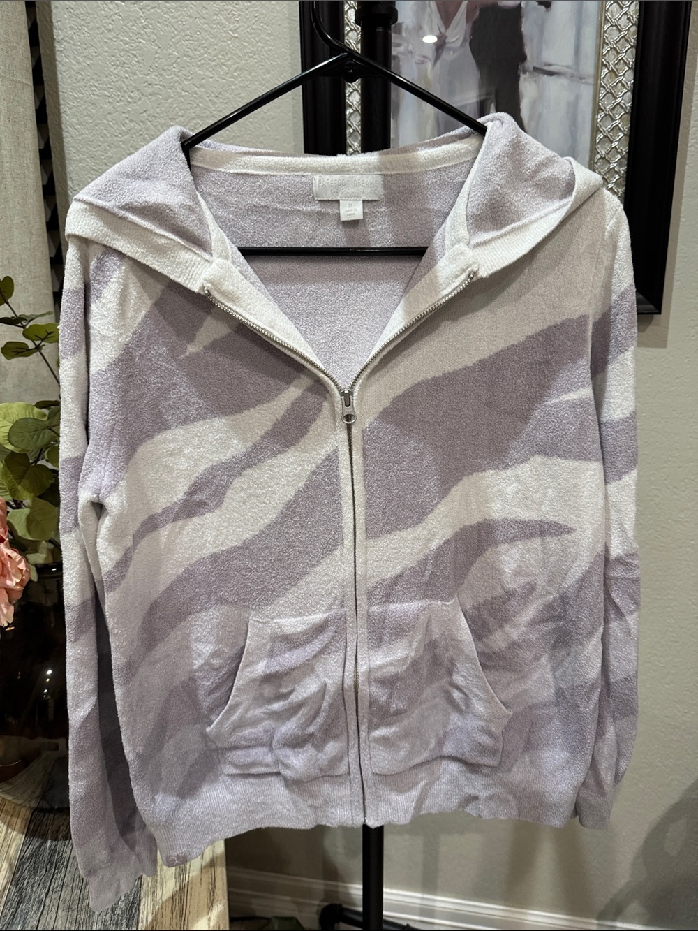 Barefoot Dreams Lavender and Cream Zebra-Stripe Zip Hoodie